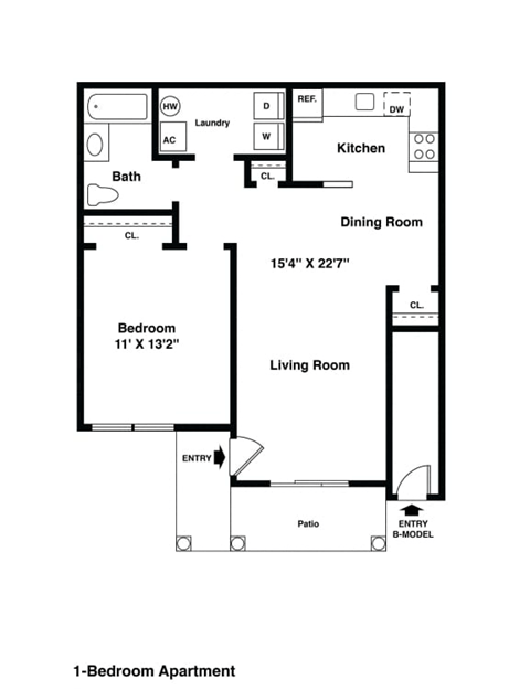 Floor plan for 1 bed, 1 bath, 800 sqft